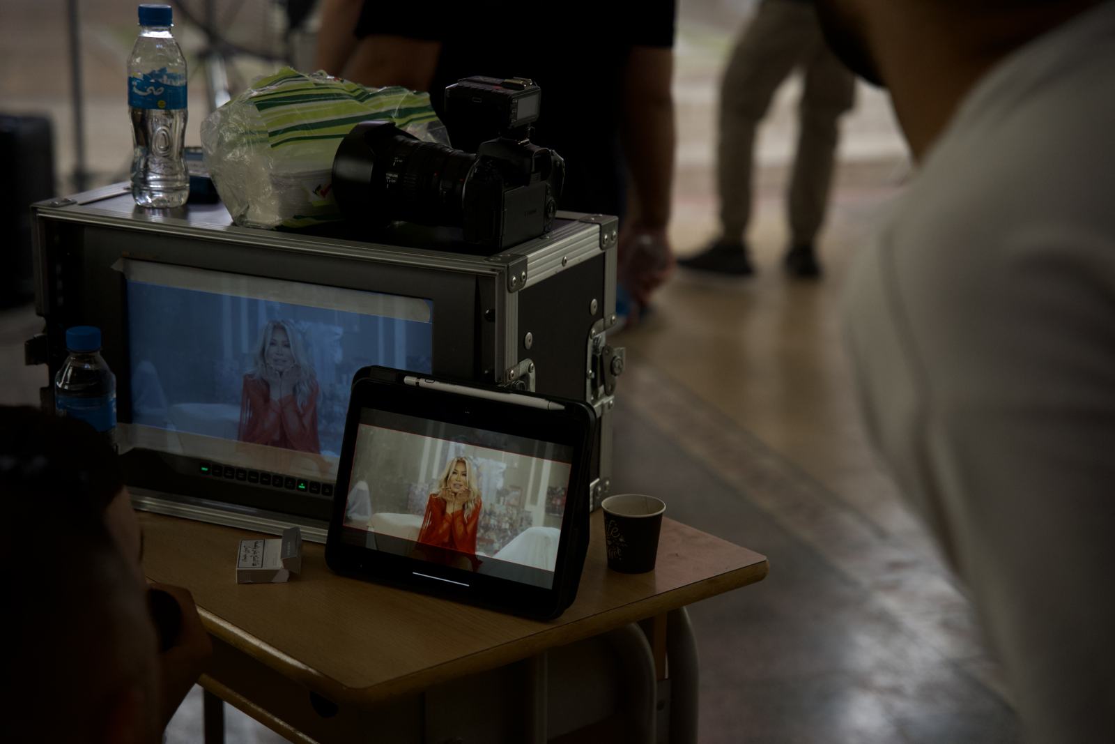 Watching the take on the on-set monitors