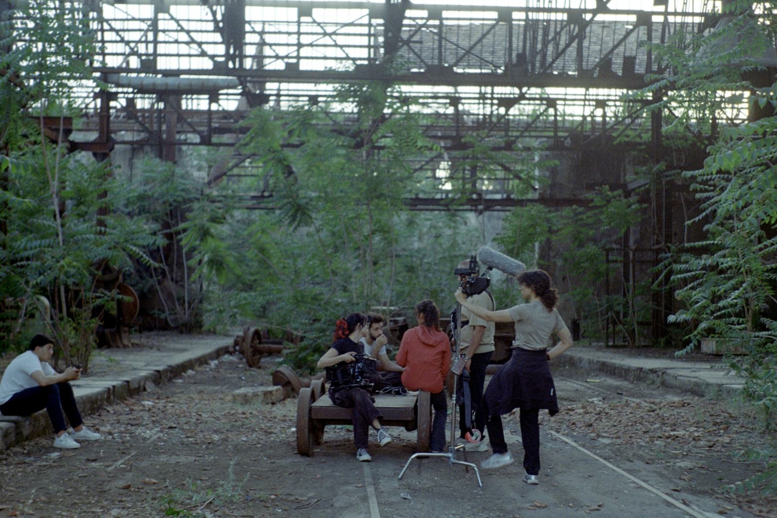 The Axis crew on location in an abandoned factory